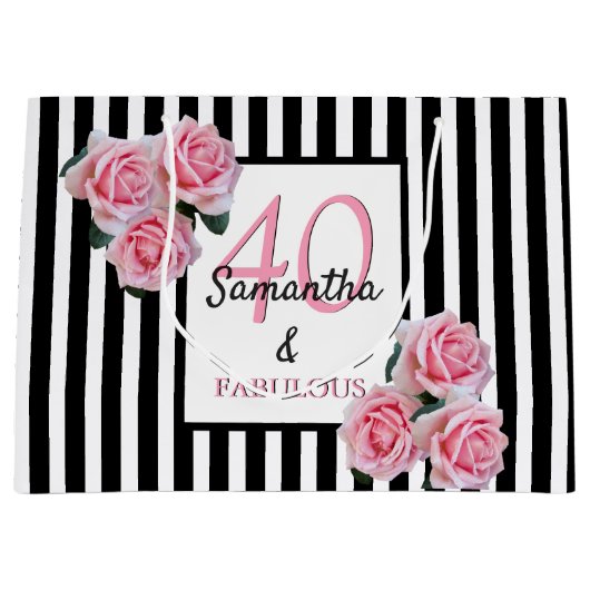 40素晴らしい白黒ストライプピンク花模様 ラージペーパーバッグ (正面)