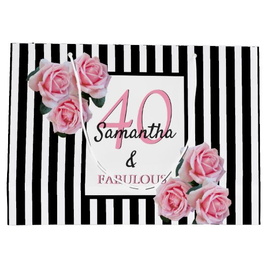 40素晴らしい白黒ストライプピンク花模様 ラージペーパーバッグ (裏面)