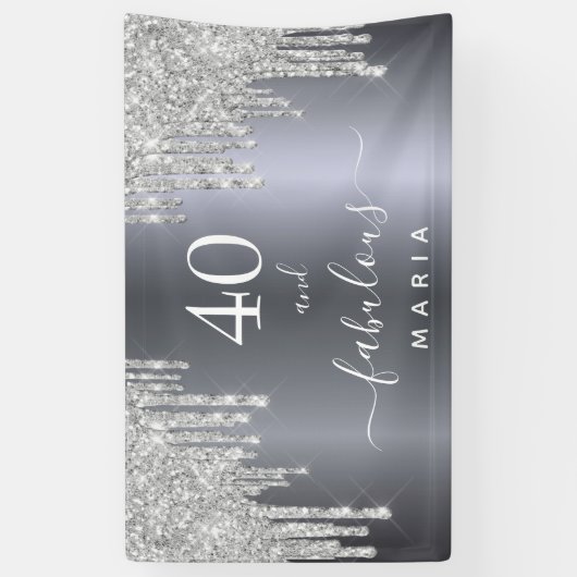 40素晴らしい誕生日きらめくグリッター銀 横断幕 (縦)