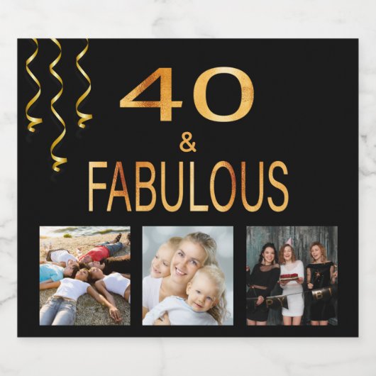 40素晴らしい誕生日の写真コラージュ黒金ゴールド スパークリングワインラベル (シングルラベル)
