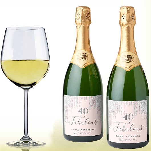 40素晴らしい誕生日バラ金ゴールドグリッターピンクシルバー スパークリングワインラベル