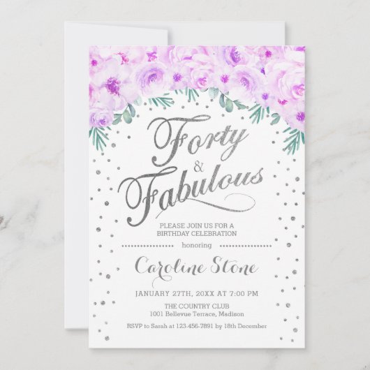 40素晴らしい誕生日パーティー – ホワイトシルバーパープル 招待状 (正面)