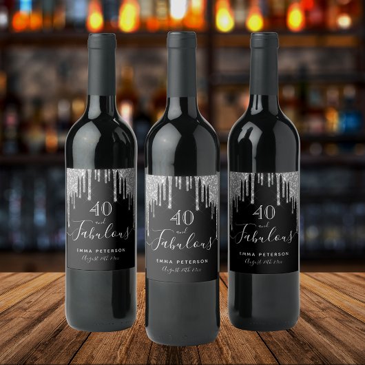40素晴らしい誕生日ブラックグリッターシルバー輝き ワインラベル