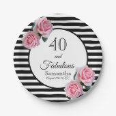 40素晴らしい誕生日ブラックストライプ花模様 ペーパープレート (正面)
