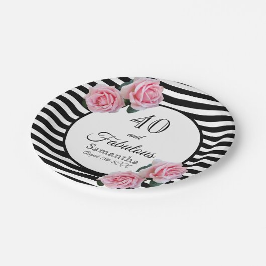 40素晴らしい誕生日ブラックストライプ花模様 ペーパープレート (アングル)