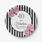 40素晴らしい誕生日ブラックストライプ花模様 ペーパープレート (正面)