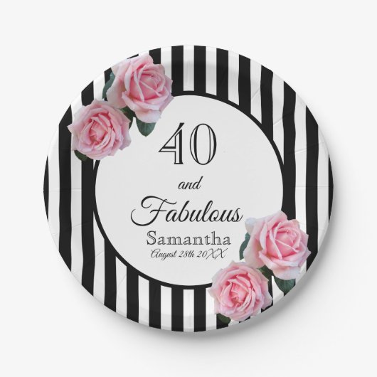 40素晴らしい誕生日ブラックストライプ花模様 ペーパープレート (正面)