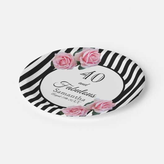 40素晴らしい誕生日ブラックストライプ花模様 ペーパープレート (アングル)