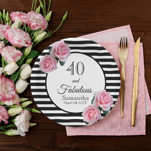 40素晴らしい誕生日ブラックストライプ花模様 ペーパープレート
