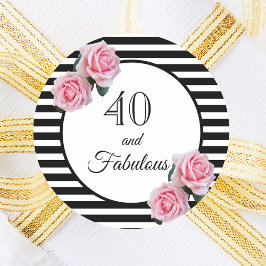 40素晴らしい誕生日ブラックストライプ花模様 ラウンドシール