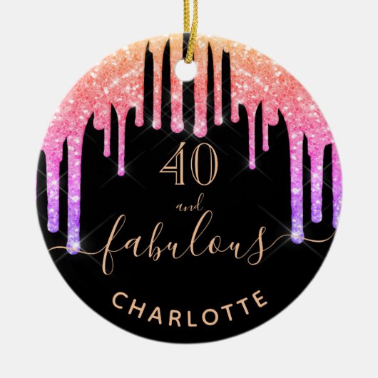 40素晴らしい誕生日ブラックピンクのグリッター名 セラミックオーナメント (正面)