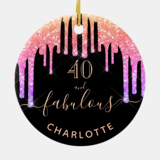 40素晴らしい誕生日ブラックピンクのグリッター名 セラミックオーナメント (裏面)