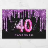 40素晴らしい誕生日ブラックピンクパープルグリッター スパークリングワインラベル (シングルラベル)