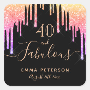 40素晴らしい誕生日ブラックレインボーグリッタースパークル スクエアシール