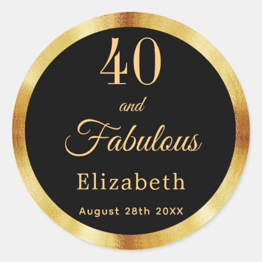 40素晴らしい誕生日ブラック金ゴールド名 ラウンドシール (正面)