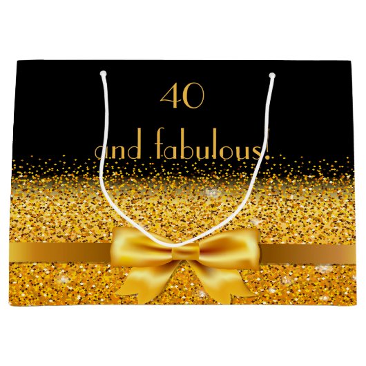 40素晴らしい黒い金ゴールド弓の誕生日 ラージペーパーバッグ (正面)