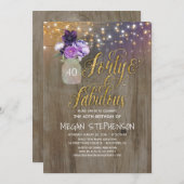 40素朴誕生日 – パープルフラワーズメイソンジャー金ゴールド 招待状 (正面/裏面)