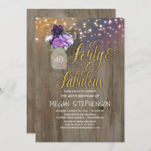 40素朴誕生日 – パープルフラワーズメイソンジャー金ゴールド 招待状 (正面/裏面)