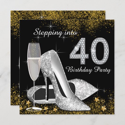 40誕生日パーティーシルバー金ゴールドへのステップイン 招待状 (正面/裏面)