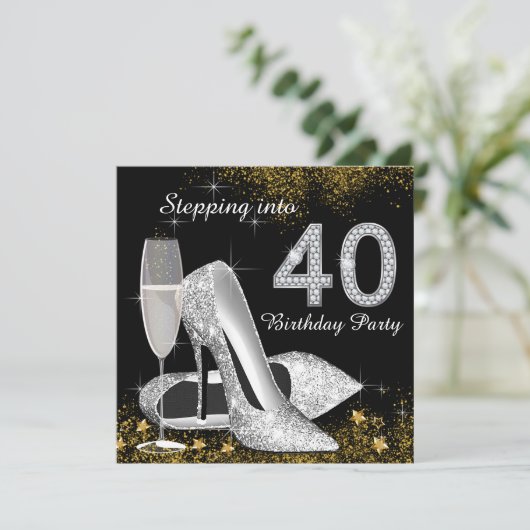 40誕生日パーティーシルバー金ゴールドへのステップイン 招待状 (スタンド正面)