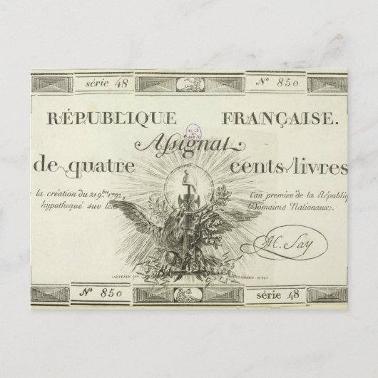 400リーブル紙幣、1792年9月21日 ポストカード (正面)