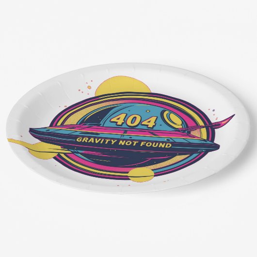 404 Gravity Not Found -レトロ宇宙ポップ・アートのアート ペーパープレート (アングル)