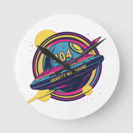404 Gravity Not Found -レトロ宇宙ポップ・アートのアート ラウンド壁時計