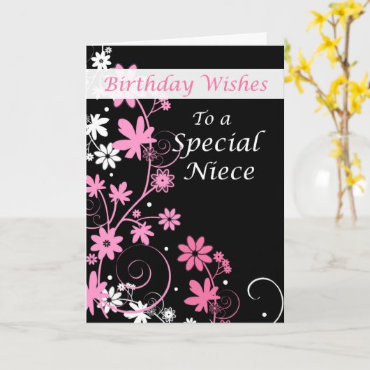 4084姪の誕生日がピンクと黒を願う カード (黄色い花)