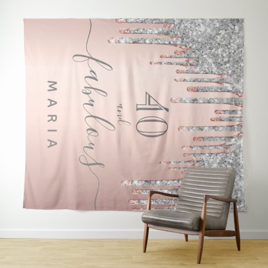 40 お誕生日輝くローズゴールドシルバー タペストリー (インサイチュ(横))