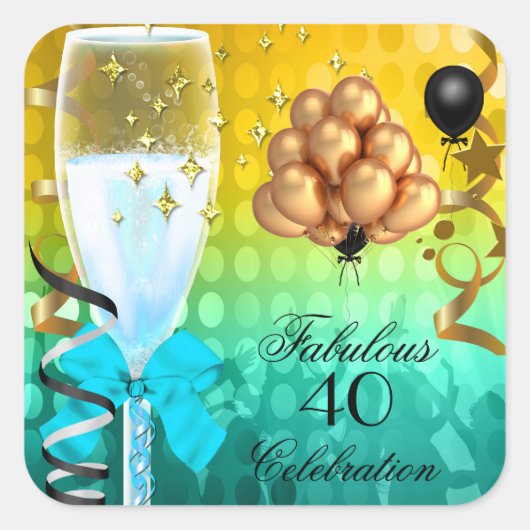 40&ファブラスティール（緑がかった色）ブルー金ゴールド誕生日シャンパン スクエアシール (正面)
