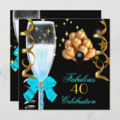 40&ファブラスティール（緑がかった色）ブルー金ゴールド誕生日シャンパン 招待状 (正面/裏面)