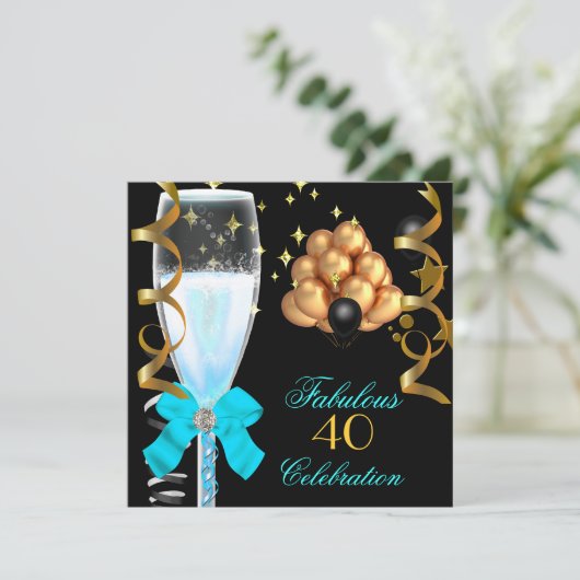 40&ファブラスティール(緑がかった色)ブルー金ゴールド誕生日シャンパン 招待状 (スタンド正面)