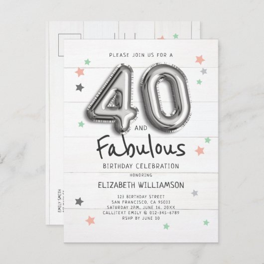 40 &素晴らしいフォイルの風船スターズオンウッド誕生日 インビテーションポストカード (正面/裏面)