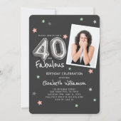 40 &素晴らしいフォイルバルーンスターズフォト誕生日 招待状 (正面)