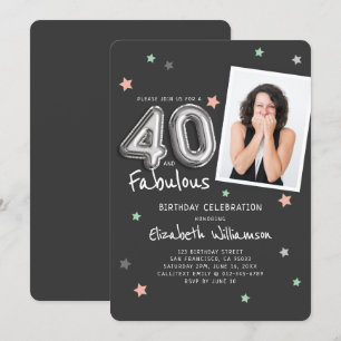 40 &素晴らしいフォイルバルーンスターズフォト誕生日 招待状