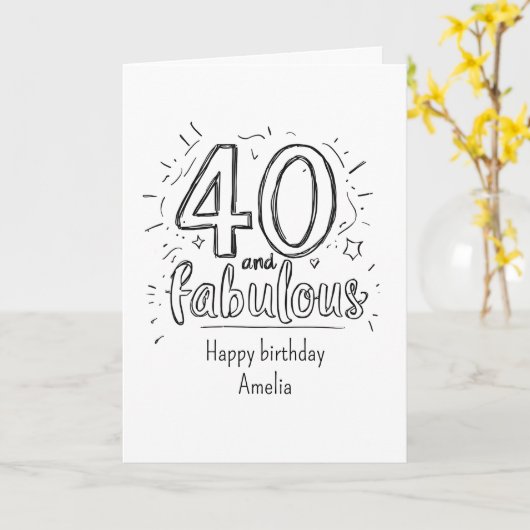 40 and Fabulous Doodle Happy Birthday カード (黄色い花)