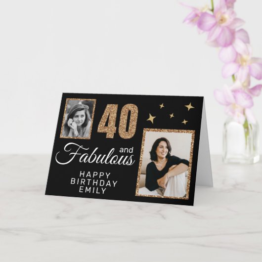 40 and Fabulous Gold Glitter 2 Photo 40th Birthday カード (蘭)