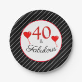 40 & Fabulous赤40th誕生日白黒ストライプ ペーパープレート (正面)