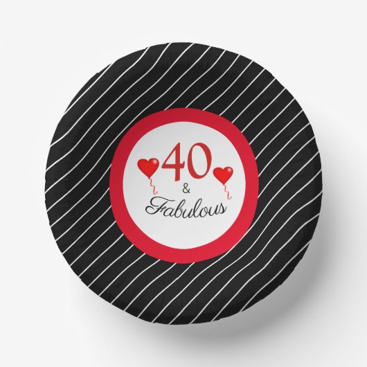 40 & Fabulous赤40th誕生日白黒ストライプ ペーパーボウル (正面)