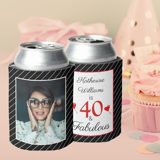 40 & Fabulous 40th誕生日フォトブラック&ホワイト 缶クーラー
