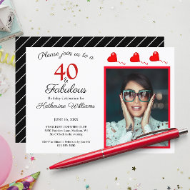 40 & Fabulous Photo Red 40th Birthday白黒 招待状