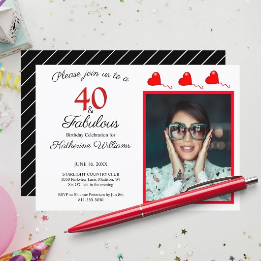 40 & Fabulous Photo Red 40th Birthday白黒 招待状