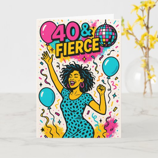 40 & Fierce Disco Party 40th Birthday カード (黄色い花)