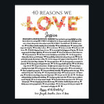 40 reasons we love you birthday gift mom sister ポスター<br><div class="desc">This is a DO IT YOURSELF XX Reasons why we love you. roses reasons we love you,  editable 50 Reasons,  60th birthday,  editable,  80th birthday,  memories,  love you,  mom,  retire You can edit the main body text. Designed by The Arty Apples Limited</div>