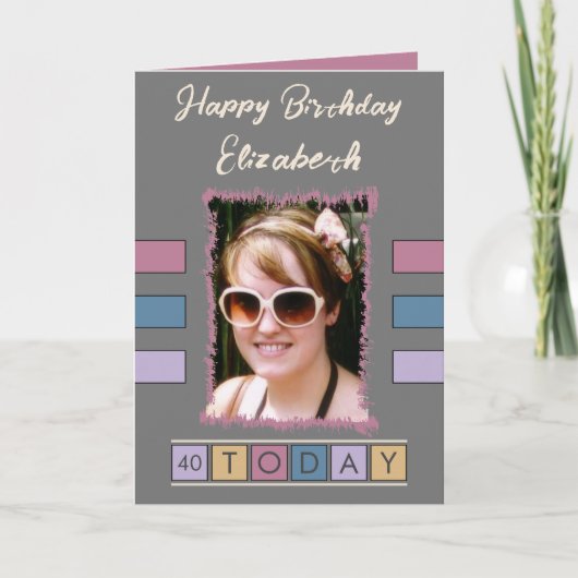 40 today写真を追加し、名前グレーブルー誕生日 カード (正面)
