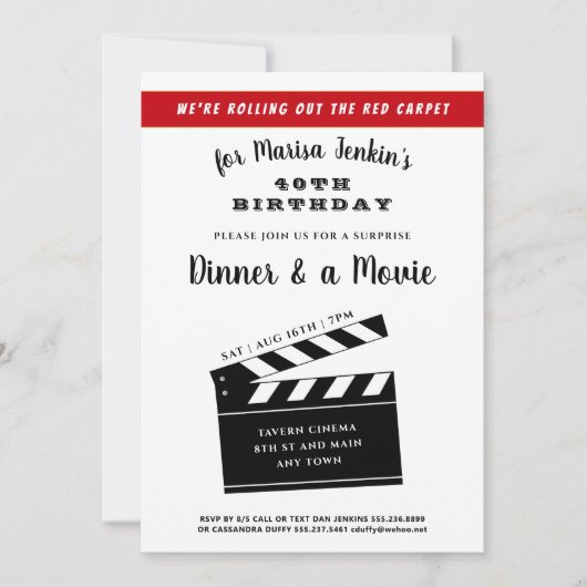 40thまたは任意の誕生日サプライズ映画テーマおもしろい 招待状 (正面)