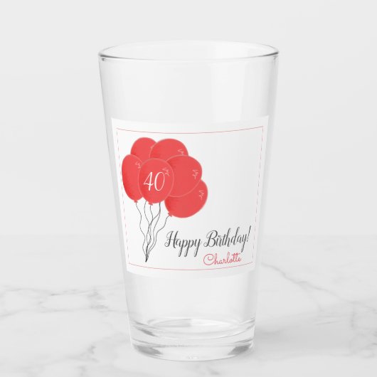 40thまたは任意の誕生日ピンクのバルーン タンブラーグラス (正面)