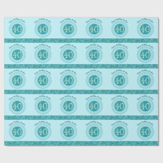 40thエレガント誕生日ティール（緑がかった色）ブルーグリッター&ストライプ ラッピングペーパー (フラット)