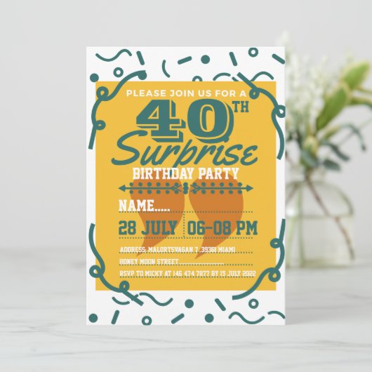 40thサプライズ誕生日パーティーモダンヴィンテージ黄 招待状 (スタンド正面)