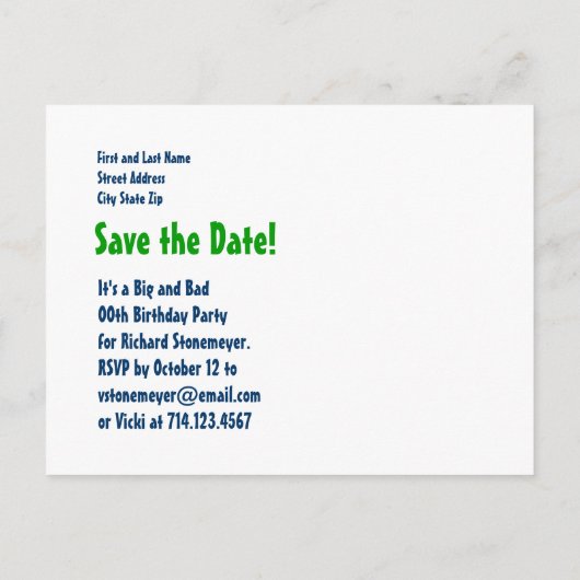 40thサプライズ誕生日日付を保存する青い緑1 案内ポストカード (裏面)